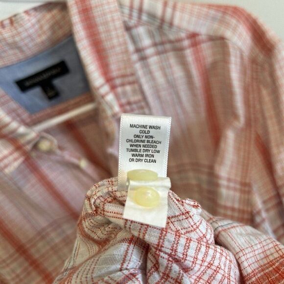 Banana Republic Short Sleeve Button Down Linen Cotton Plaid Orange White Blue L - Picture 9 of 9
